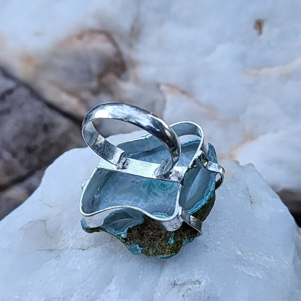 Genuine Banded Agate Druzy Quartz Geode White Rhodium/925 Silver Ring